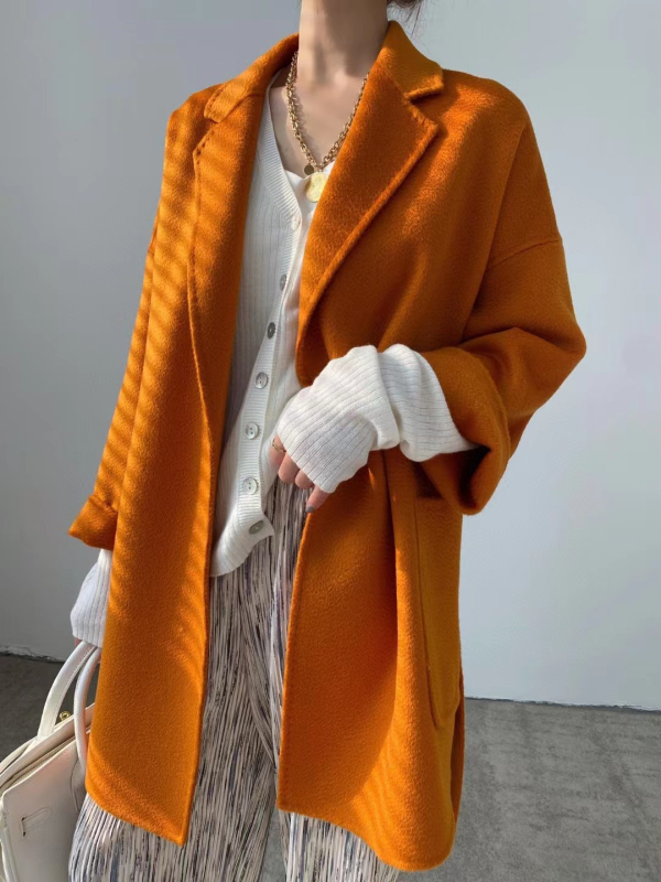 Palton femei din lână-casmir, reversibil, lungime medie, guler tip sacou, închidere cu șnur