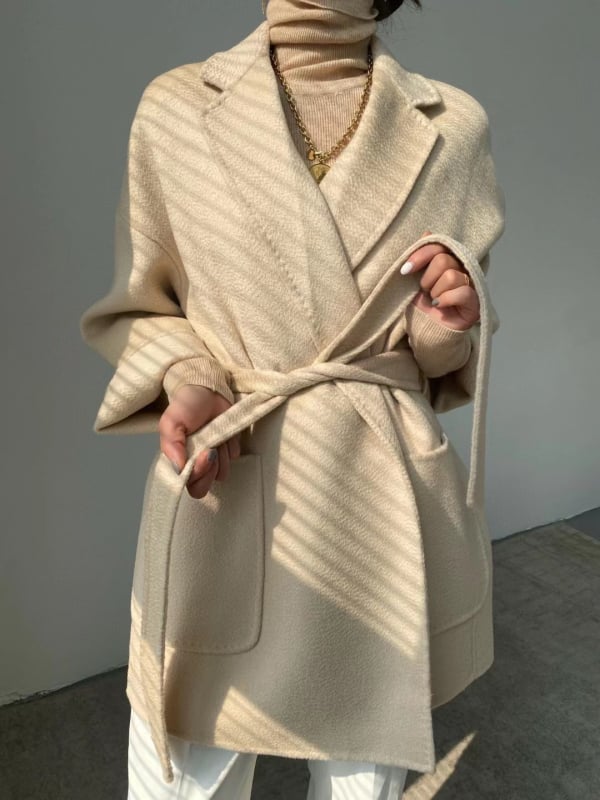 Palton femei din lână-casmir, reversibil, lungime medie, guler tip sacou, închidere cu șnur