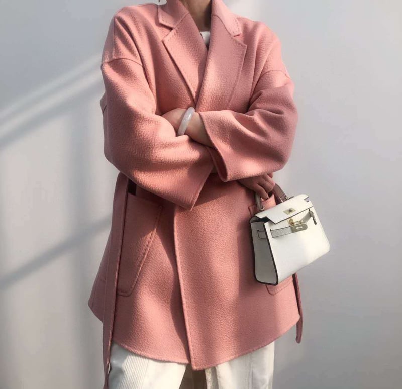 Palton femei din lână-casmir, reversibil, lungime medie, guler tip sacou, închidere cu șnur