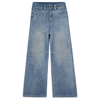 Denim puuvillane teksapüksid, laiad sääred, kõrge vöökoht, tõmblukk, pestud ja kulunud viimistlusega