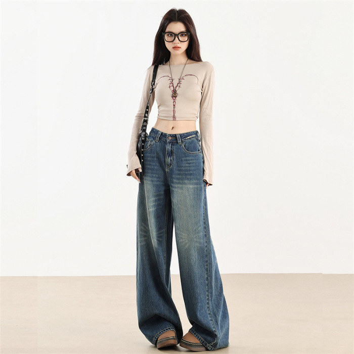 Denim puuvillane teksapüksid, laiad sääred, kõrge vöökoht, tõmblukk, pestud ja kulunud viimistlusega