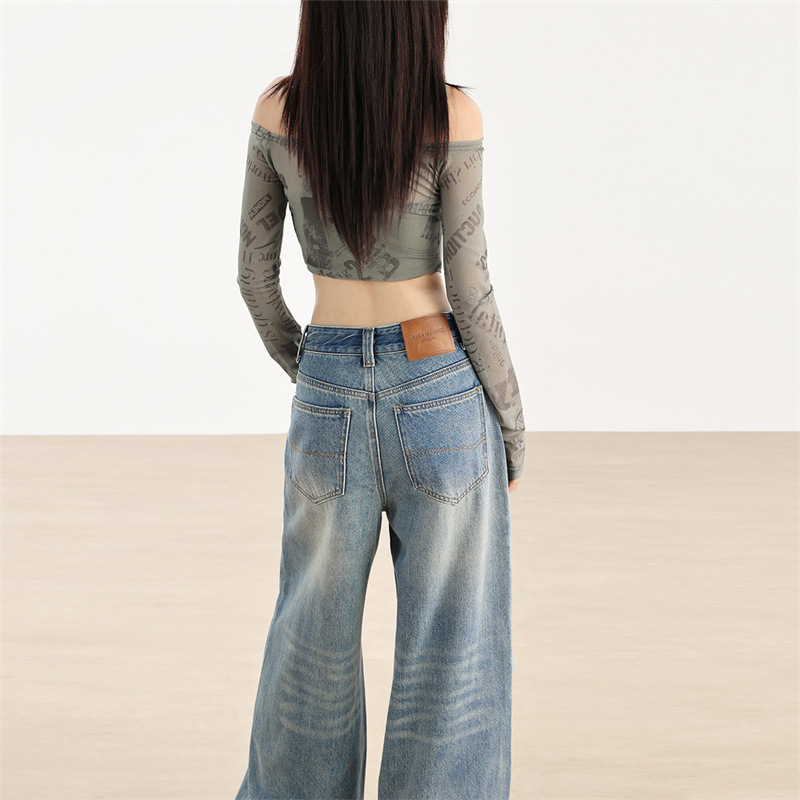 Denim puuvillane teksapüksid, laiad sääred, kõrge vöökoht, tõmblukk, pestud ja kulunud viimistlusega