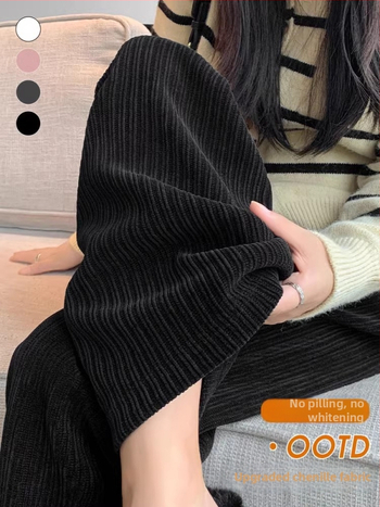 Chenille plačios kelnės su aukštu liemeniu, fleece pamušalas, storas audinys, 2025 metų žiema