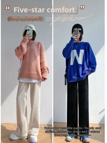 Chenille plačios kelnės su aukštu liemeniu, fleece pamušalas, storas audinys, 2025 metų žiema