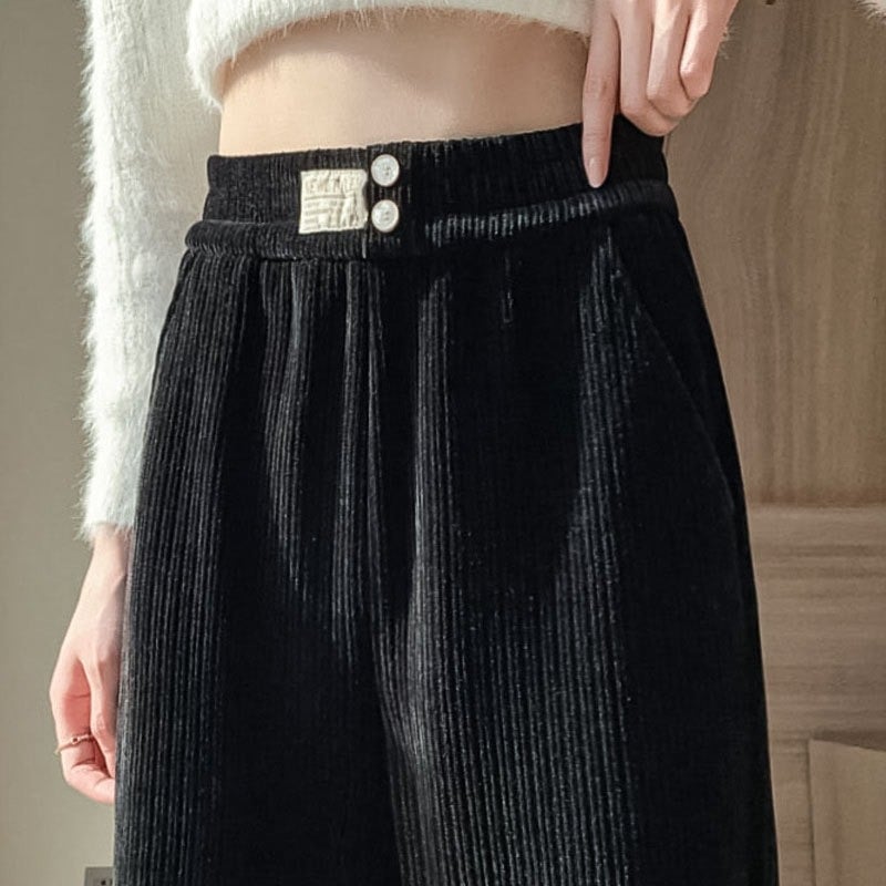 Chenille plačios kelnės su aukštu liemeniu, fleece pamušalas, storas audinys, 2025 metų žiema