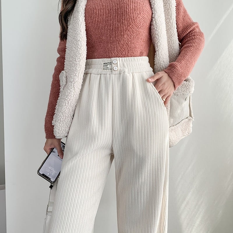 Chenille plačios kelnės su aukštu liemeniu, fleece pamušalas, storas audinys, 2025 metų žiema