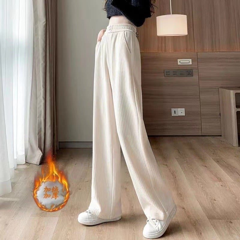 Chenille plačios kelnės su aukštu liemeniu, fleece pamušalas, storas audinys, 2025 metų žiema