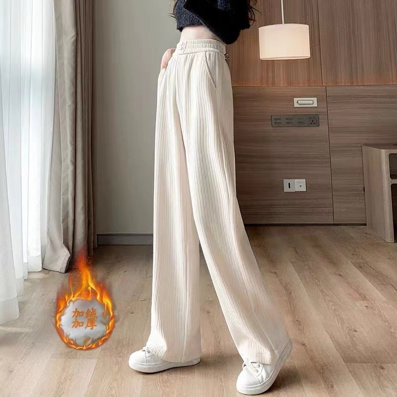 Chenille plačios kelnės su aukštu liemeniu, fleece pamušalas, storas audinys, 2025 metų žiema