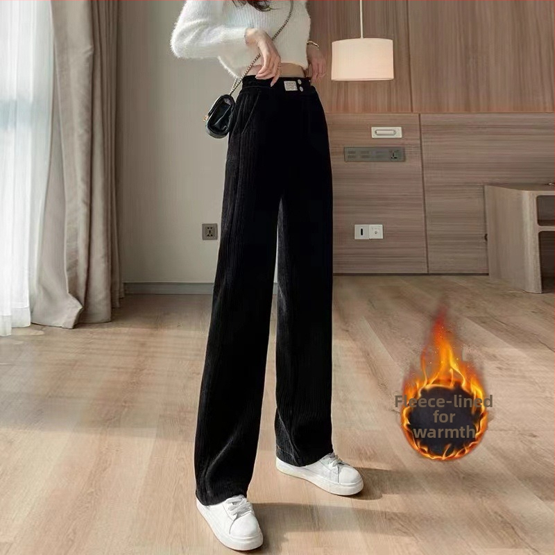 Chenille plačios kelnės su aukštu liemeniu, fleece pamušalas, storas audinys, 2025 metų žiema