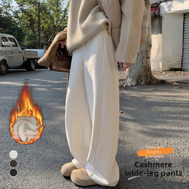 Moteriški plačios kelnes su aukštu juosmeniu, vidinė fliso danga, poliesterio audinys, žiema 2025, kasdienis japonų-korejiečių stilius.