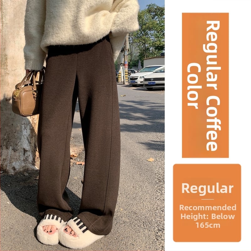 Moteriški plačios kelnes su aukštu juosmeniu, vidinė fliso danga, poliesterio audinys, žiema 2025, kasdienis japonų-korejiečių stilius.