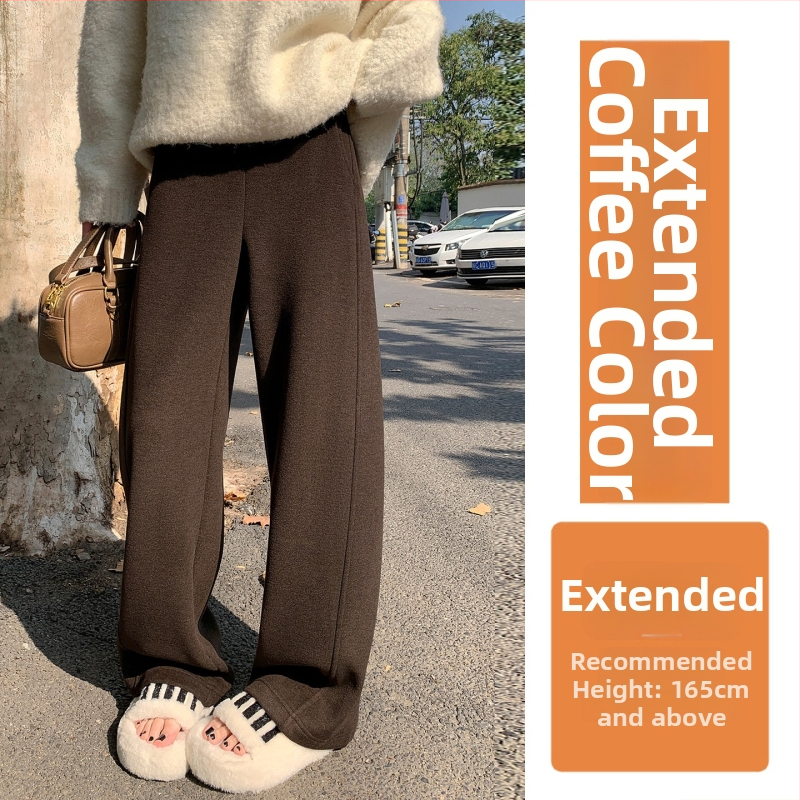 Moteriški plačios kelnes su aukštu juosmeniu, vidinė fliso danga, poliesterio audinys, žiema 2025, kasdienis japonų-korejiečių stilius.