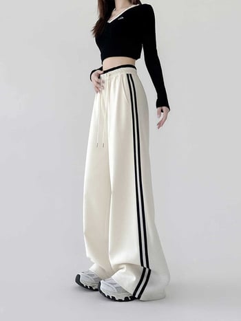 Moterų platų sportinių kelnių su aukštu juosmeniu, medvilnės-poliesterio mišinys, kasdienis stilius, ruduo 2025