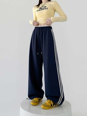 Moterų platų sportinių kelnių su aukštu juosmeniu, medvilnės-poliesterio mišinys, kasdienis stilius, ruduo 2025