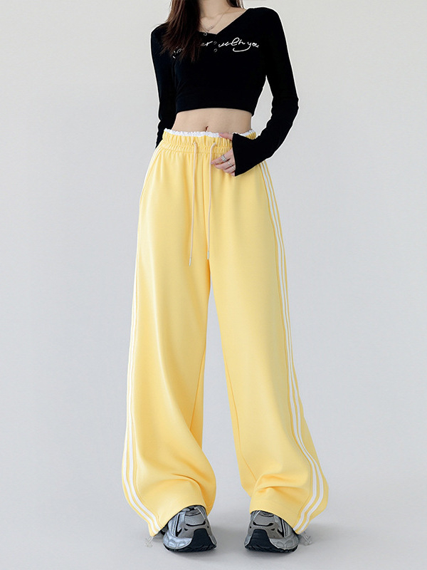 Moterų platų sportinių kelnių su aukštu juosmeniu, medvilnės-poliesterio mišinys, kasdienis stilius, ruduo 2025