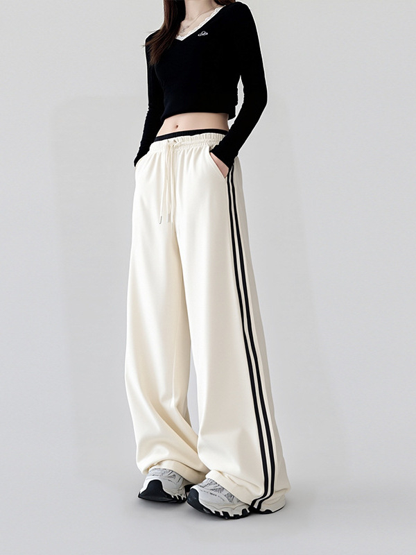 Moterų platų sportinių kelnių su aukštu juosmeniu, medvilnės-poliesterio mišinys, kasdienis stilius, ruduo 2025