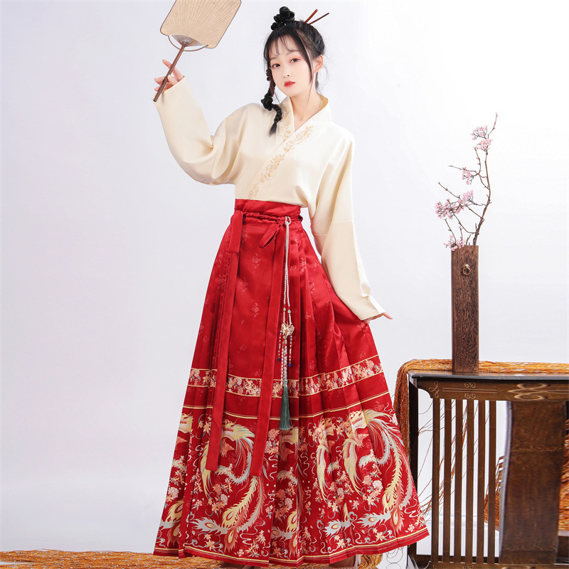Ženski Hanfu set za proljeće-ljeto, našiven mrežasti materijal, poliester, suknja konjskog lica