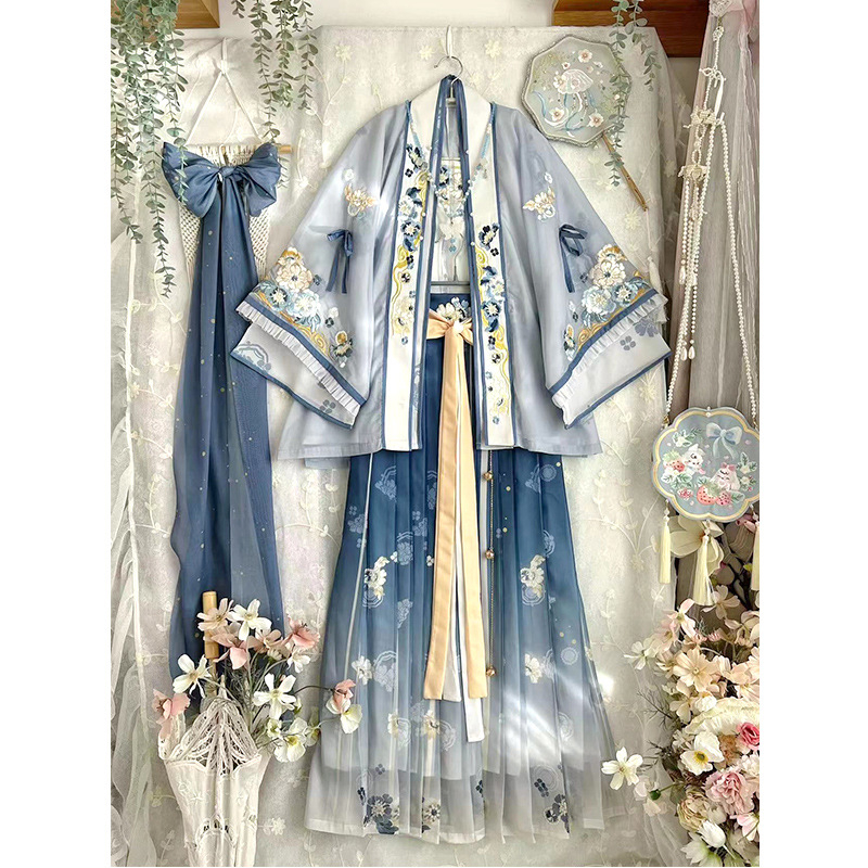 Ženski Hanfu set za proljeće-ljeto, našiven mrežasti materijal, poliester, suknja konjskog lica