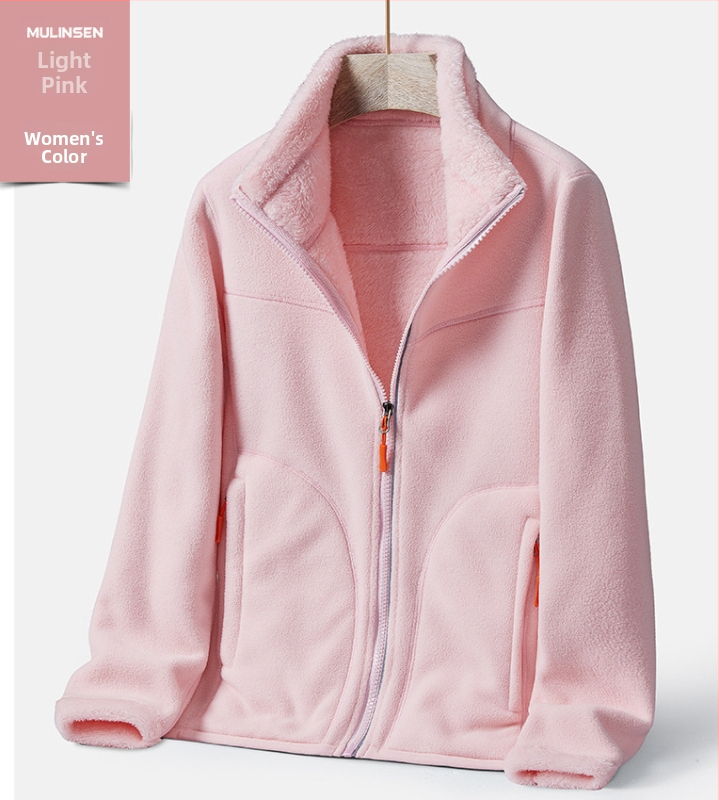 Unisex dvipusė fleece striukė su aukšta apykakle, stora šilta rudens-žiemos sezonoms, vienos spalvos, dvipusis veliūro pamušalas, modelis 22028