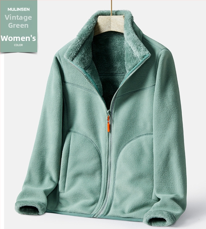 Unisex dvipusė fleece striukė su aukšta apykakle, stora šilta rudens-žiemos sezonoms, vienos spalvos, dvipusis veliūro pamušalas, modelis 22028