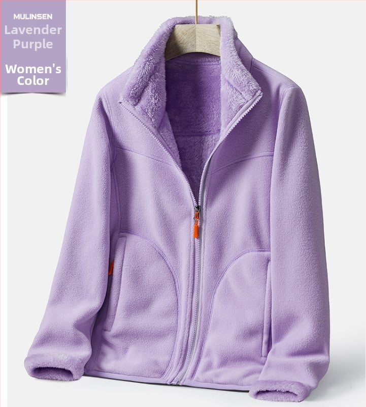 Unisex dvipusė fleece striukė su aukšta apykakle, stora šilta rudens-žiemos sezonoms, vienos spalvos, dvipusis veliūro pamušalas, modelis 22028