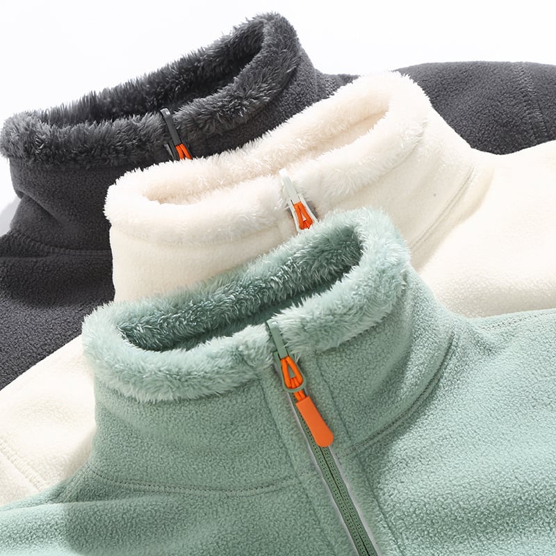 Unisex dvipusė fleece striukė su aukšta apykakle, stora šilta rudens-žiemos sezonoms, vienos spalvos, dvipusis veliūro pamušalas, modelis 22028