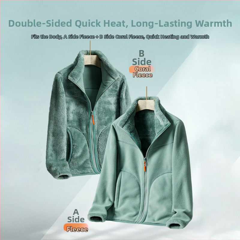 Unisex dvipusė fleece striukė su aukšta apykakle, stora šilta rudens-žiemos sezonoms, vienos spalvos, dvipusis veliūro pamušalas, modelis 22028