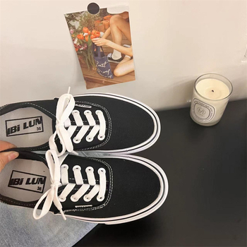 Pantofi dama din pânză, stil Ulzzang în Koreea - cu talpă din cauciuc vulcanizată, talpă joasă, șiret frontal