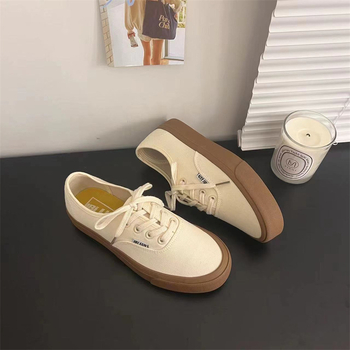 Pantofi dama din pânză, stil Ulzzang în Koreea - cu talpă din cauciuc vulcanizată, talpă joasă, șiret frontal