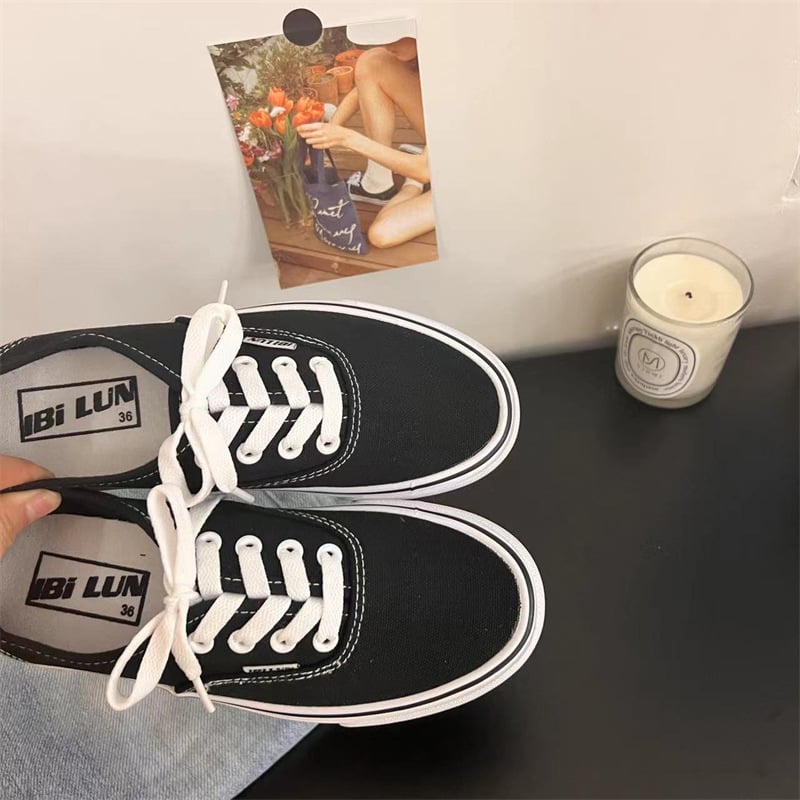 Pantofi dama din pânză, stil Ulzzang în Koreea - cu talpă din cauciuc vulcanizată, talpă joasă, șiret frontal