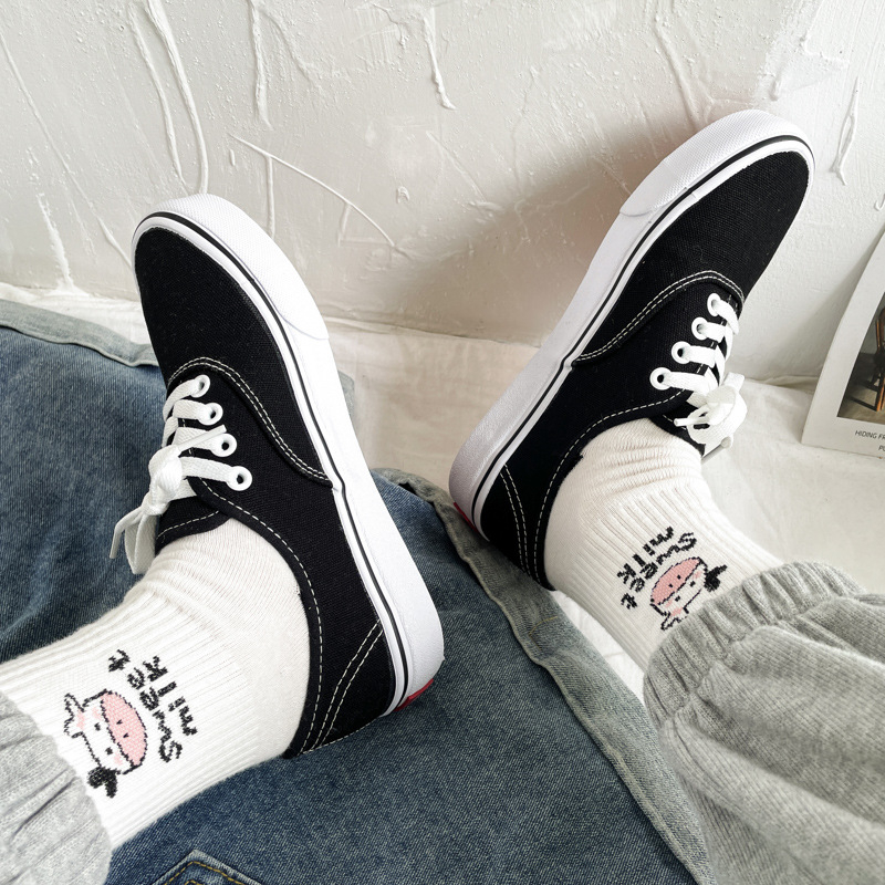 Pantofi dama din pânză, stil Ulzzang în Koreea - cu talpă din cauciuc vulcanizată, talpă joasă, șiret frontal