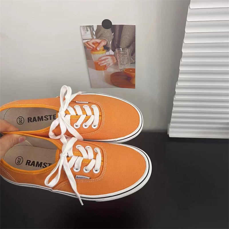 Pantofi dama din pânză, stil Ulzzang în Koreea - cu talpă din cauciuc vulcanizată, talpă joasă, șiret frontal