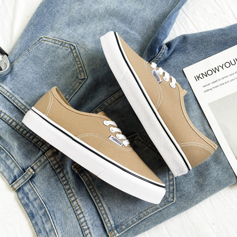 Pantofi dama din pânză, stil Ulzzang în Koreea - cu talpă din cauciuc vulcanizată, talpă joasă, șiret frontal