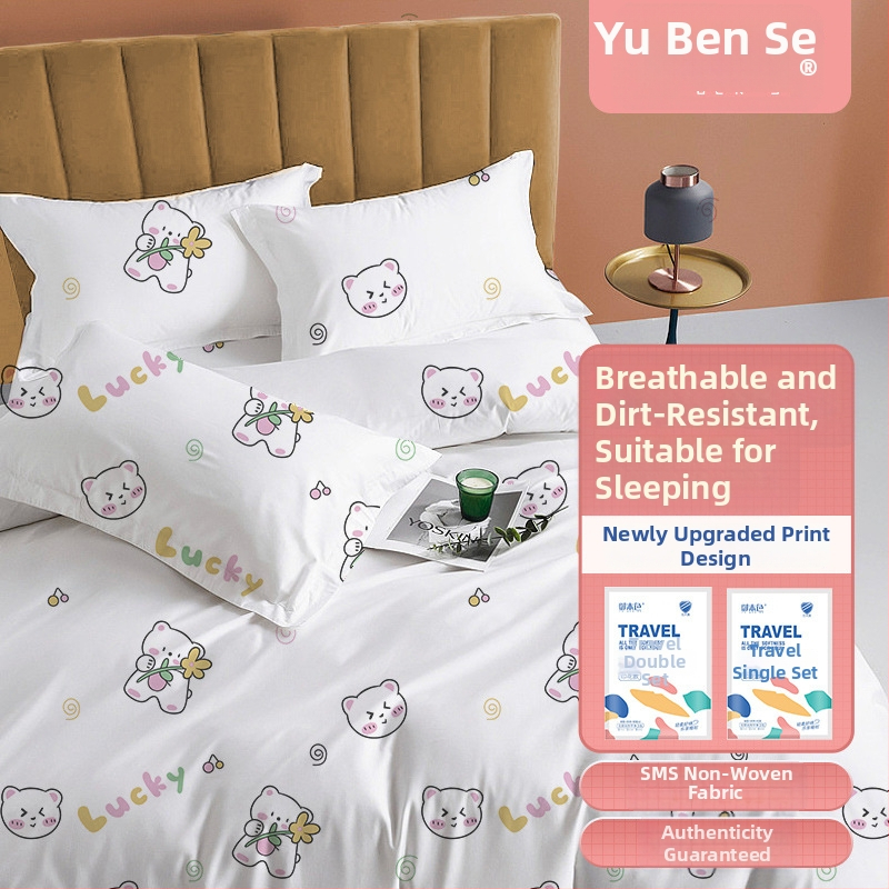 Jednorázový cestovný hotelový set posteľnej bielizne: plachta, obliečka na prikrývku, povlak na vankúš – 4-dielny set; Materiál: netkané vlákno; Značka: Royal Color; Životnosť: 360 dní