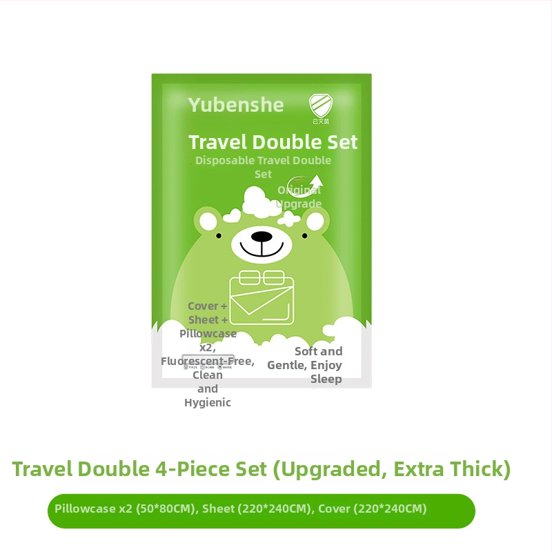 Vienkartinis keliautojo viešbučio patalynės komplektas: lovos pakloda, antklodės užvalkalas, pagalvių užvalkalas – 4 dalių komplektas; Medžiaga: nepluošto audinys; Prekės ženklas: Royal Color; Galiojimo laikas: 360 dienų