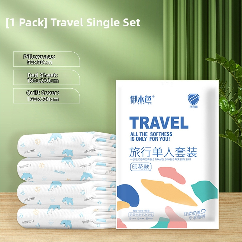 Vienkartinis keliautojo viešbučio patalynės komplektas: lovos pakloda, antklodės užvalkalas, pagalvių užvalkalas – 4 dalių komplektas; Medžiaga: nepluošto audinys; Prekės ženklas: Royal Color; Galiojimo laikas: 360 dienų