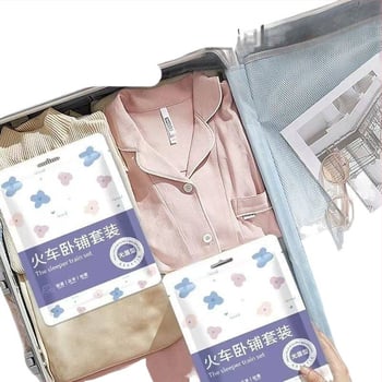 Vienkartinis traukinio miego komplektas — netkanas audinio, 3-4 dalių komplektas, įtraukti paklode, antklodės užvalkalas ir pagalvės užvalkalas, rudens–žiemos naudojimui