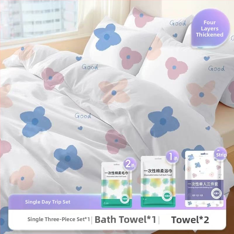 Vienkartinis traukinio miego komplektas — netkanas audinio, 3-4 dalių komplektas, įtraukti paklode, antklodės užvalkalas ir pagalvės užvalkalas, rudens–žiemos naudojimui