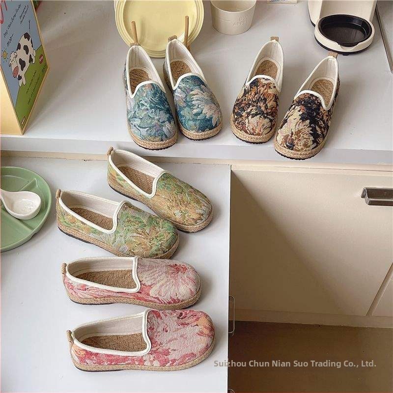 Naiste igapäevased lamedad jalatsid kanepi ülaosaga, kummist tallaga, võrgus muster, hingavad ja kerged