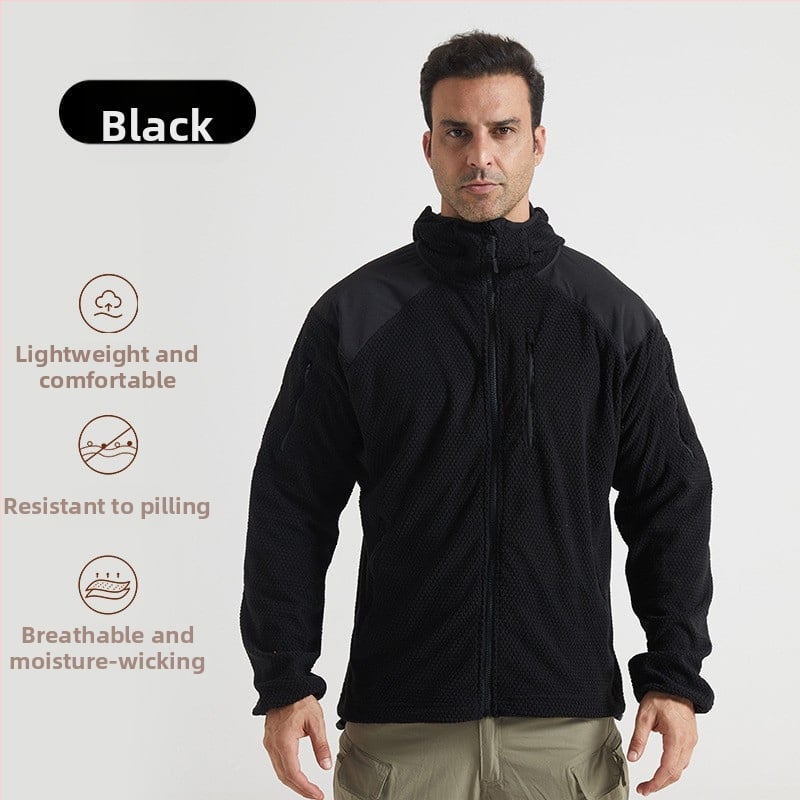 Kapucota fleece striukė lauko sportams, tinklo raštas, fleece pamušalas, universalus.