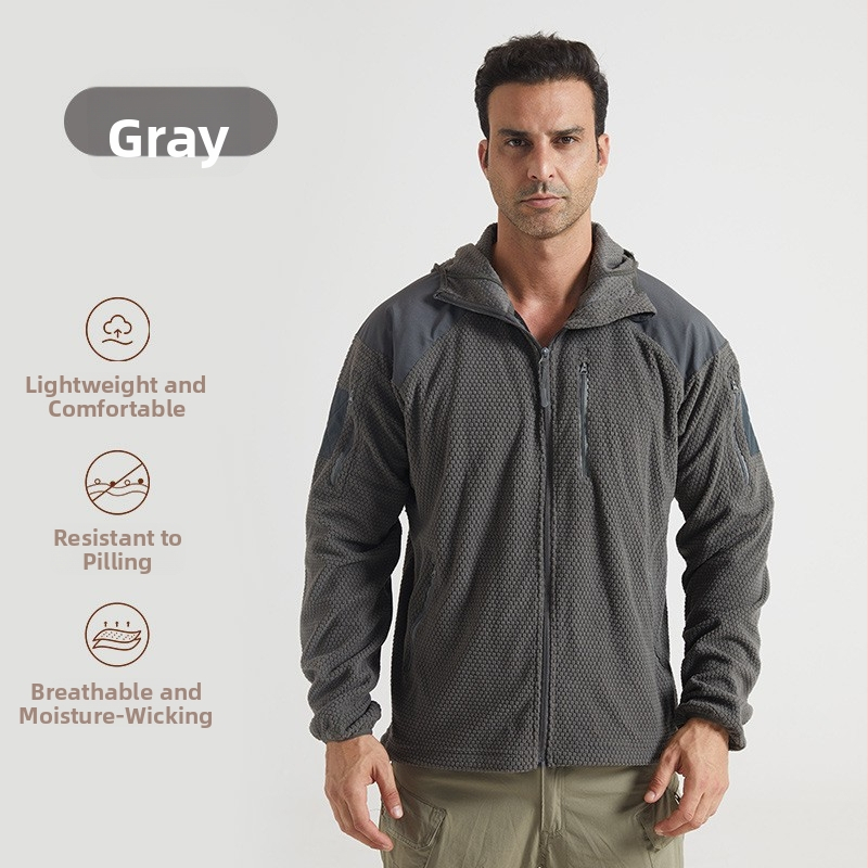 Kapucota fleece striukė lauko sportams, tinklo raštas, fleece pamušalas, universalus.