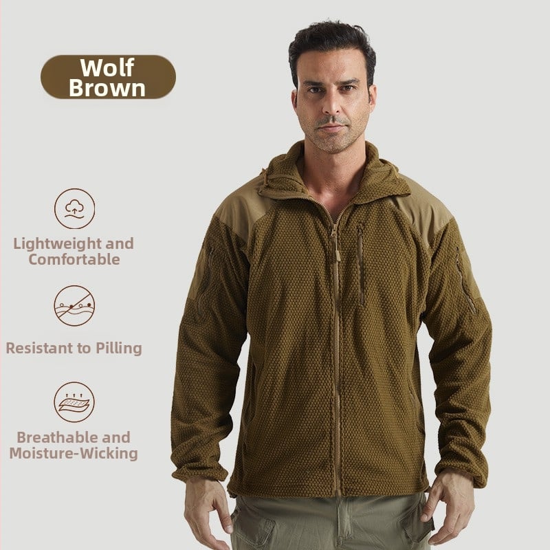 Kapucota fleece striukė lauko sportams, tinklo raštas, fleece pamušalas, universalus.