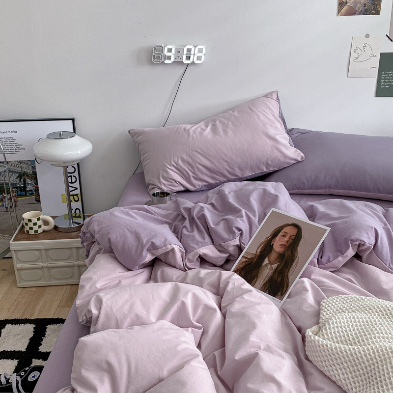 Posteljina od pamuka oprana, četverodijelni set, jednobojna boja, za krevet 1,8 m, studentski stil