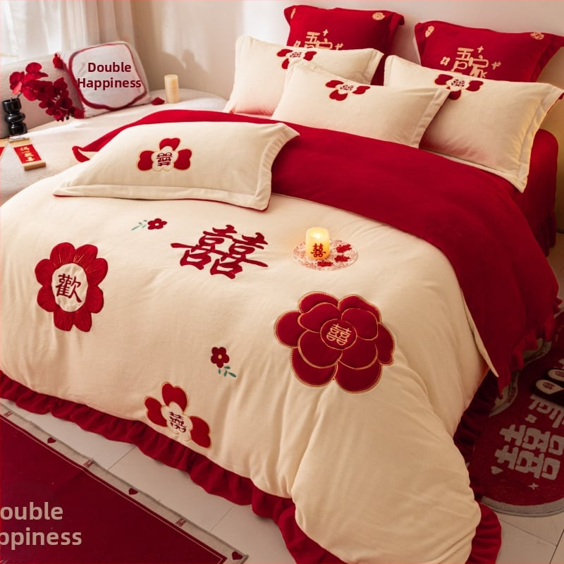 Četru daļu gultas veļas komplekts (piena samts; ģeometrisks raksts; Ķīnas kāzu stils; Twill audums; reaktīvā drukāšana un krāsošana)