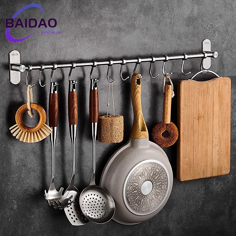 Virtuves sienas plaukts ar pakaramām, no 304 nerūsējošā tērauda, birstēts pārklājums, mūsdienīgs minimālistisks stils, svars 412 g