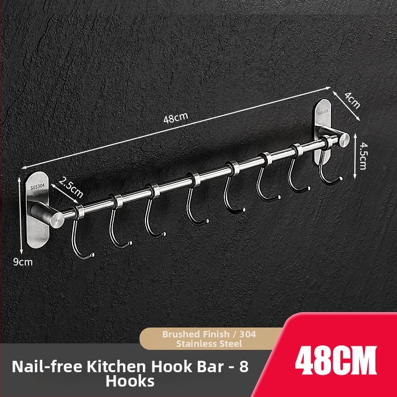 Virtuves sienas plaukts ar pakaramām, no 304 nerūsējošā tērauda, birstēts pārklājums, mūsdienīgs minimālistisks stils, svars 412 g