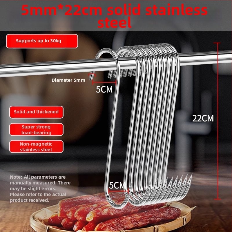 S formas gaļas pakaramā no nerūsējošā tērauda,viens āķis, mūsdienīgs minimālisma dizains, slodze 3–5 kg