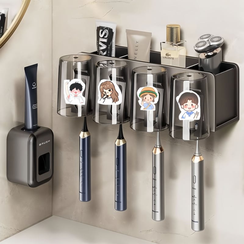 Zobu birstes turētājs, sienas montāža, bez urbšanas, alumīnijs, 2-3-4 nodalījumi, ar drukātu logotipu