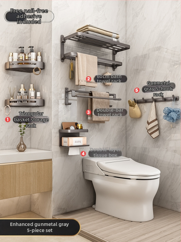 Siena dvieļu plaukts no Space Aluminum, 2 līmeņi, salokāms vannas istabai, bez urbuma