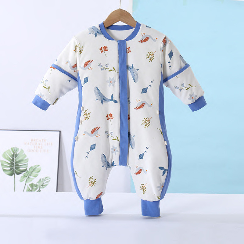 Baba hálózsák szétválasztható lábakkal, vastag téli steppelt dizájn, 100% pamut, poliészter töltet, levehető ujjak